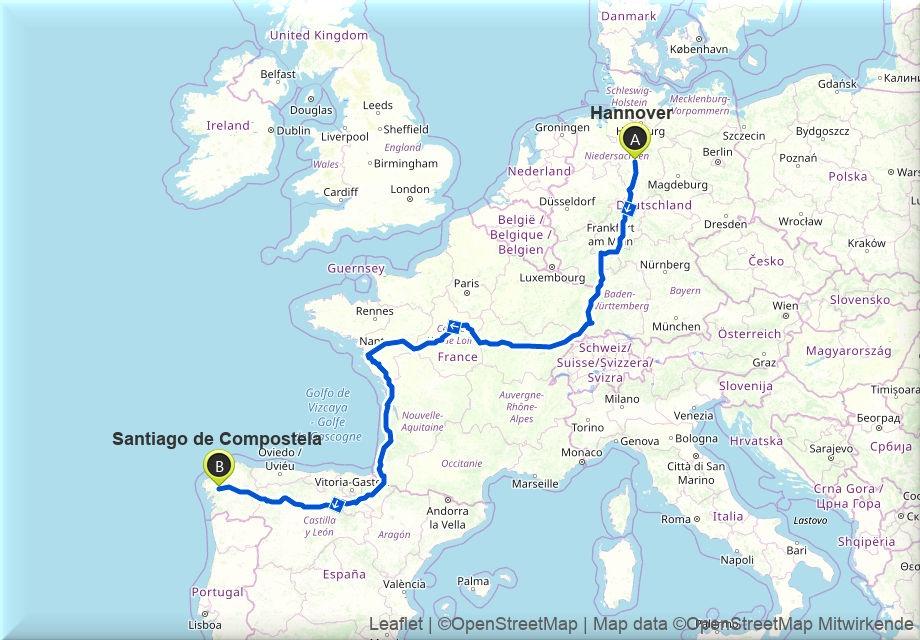 Streckenverlauf Jakobsweg Europa Deutschland Frankreich Spanien