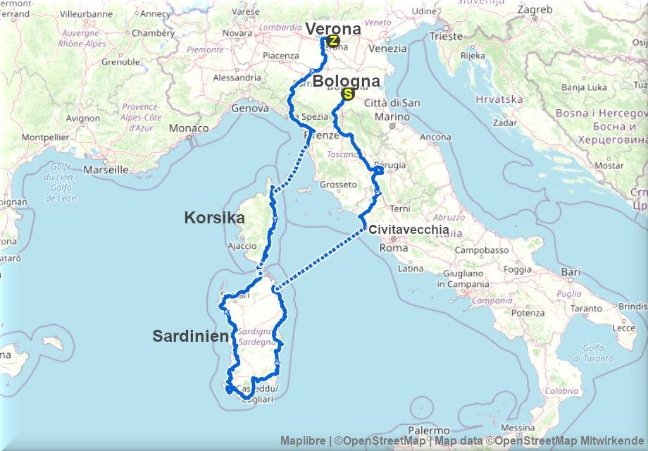 Streckenverlauf der Italien Tour mit Sardinien und Korsika