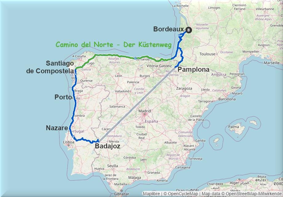 Streckenverlauf der Tour nach Santiago de Compostela
