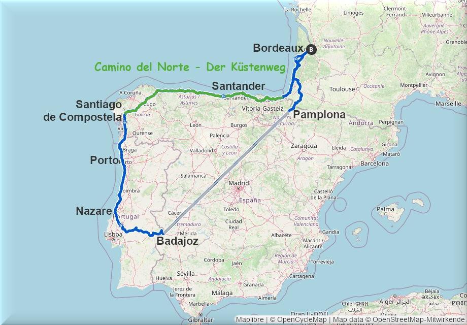 Streckenverlauf der Tour nach Santiago de Compostela