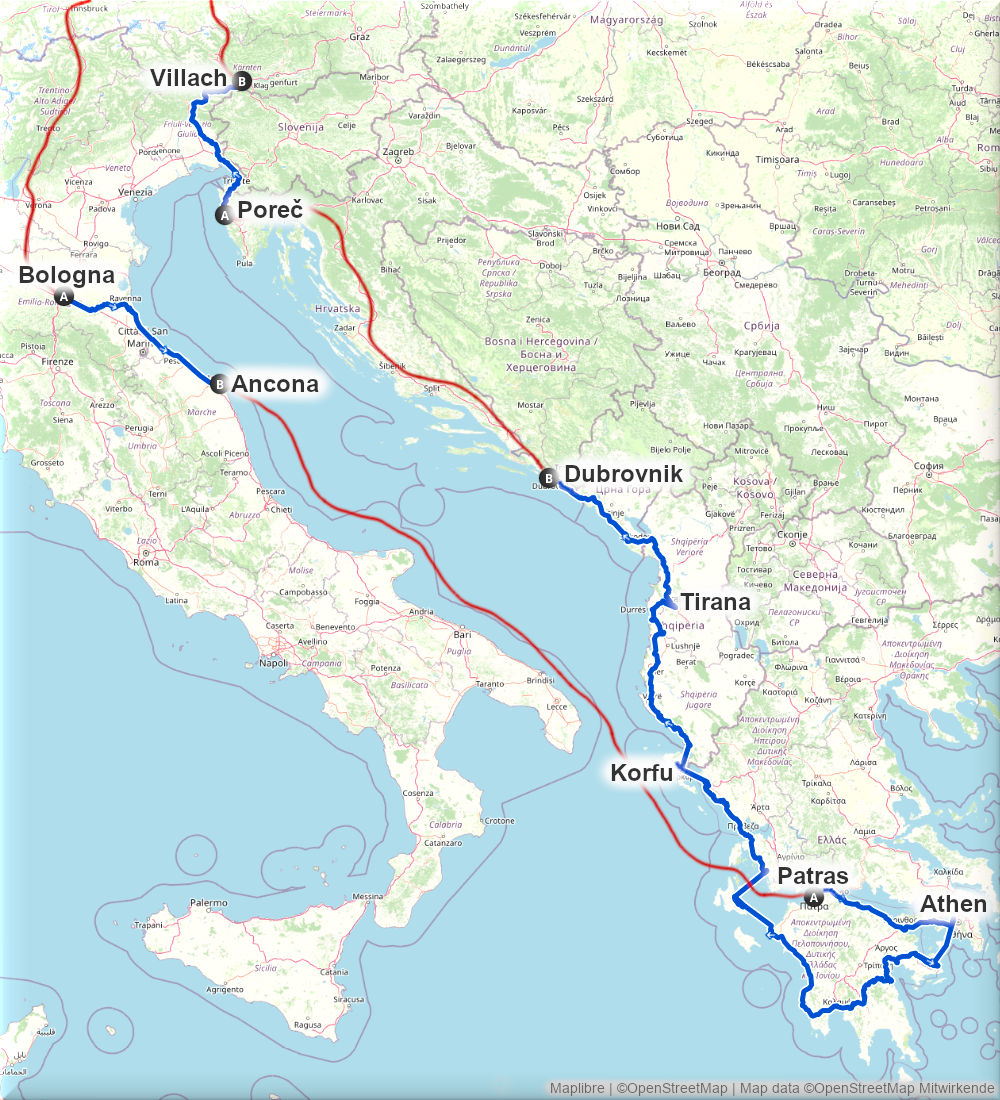 Streckenverlauf der Tour nach Südosteuropa