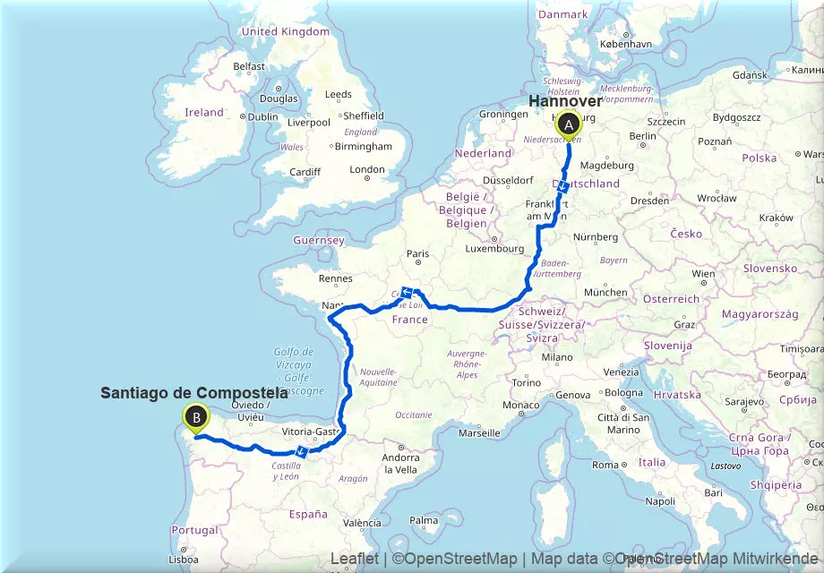 Streckenverlauf Jakobsweg Europa Deutschland Frankreich Spanien
