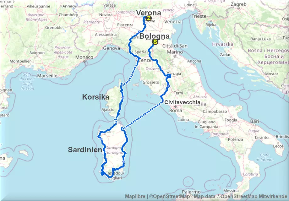 Streckenverlauf der Italien Tour mit Sardinien und Korsika